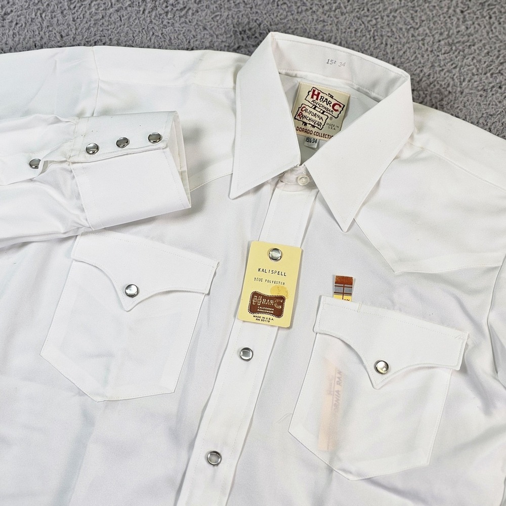 Vintage H Bar C Shirt Mens‎ Medium White Western Pearl Snap Long Sleeve USA